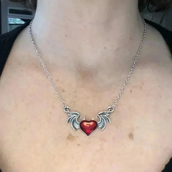 Red Enamel Silver Heart Wings Goth Vampire Devil Necklace NWT - Picture 1 of 3